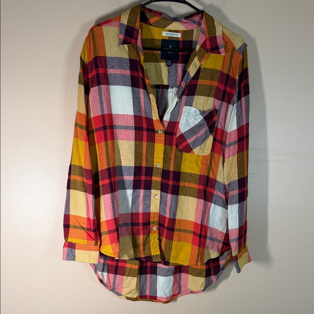 American Eagle Outfitters Plaid Boyfriend Shirt in Mustard, Maroon & Navy